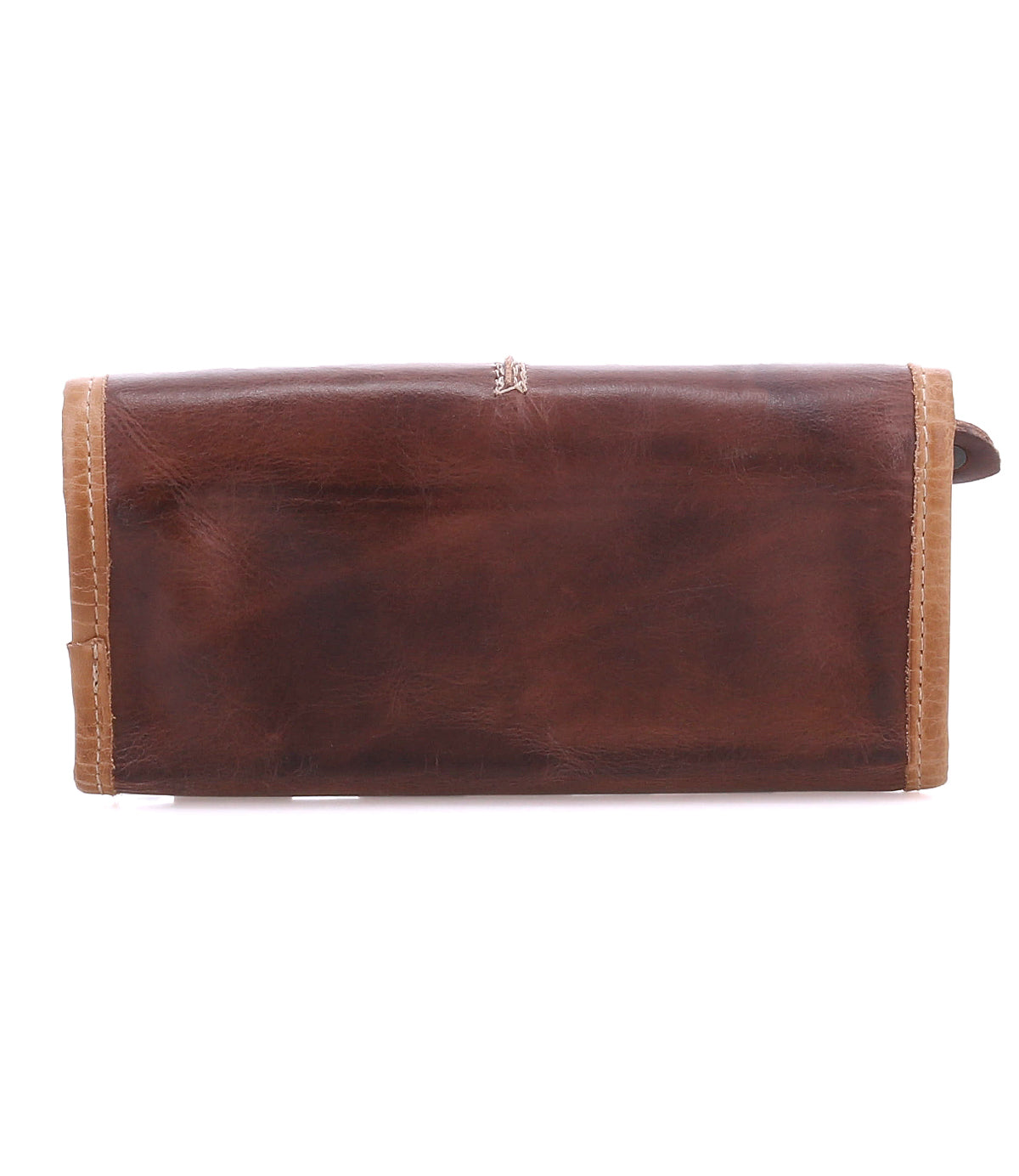The Bed Stu Canton is a rectangular brown leather wallet with light brown stitching, shown closed on a white background. This sleek 2-in-1 wallet combines style and function—ideal for daily use or as a minimalist clutch.