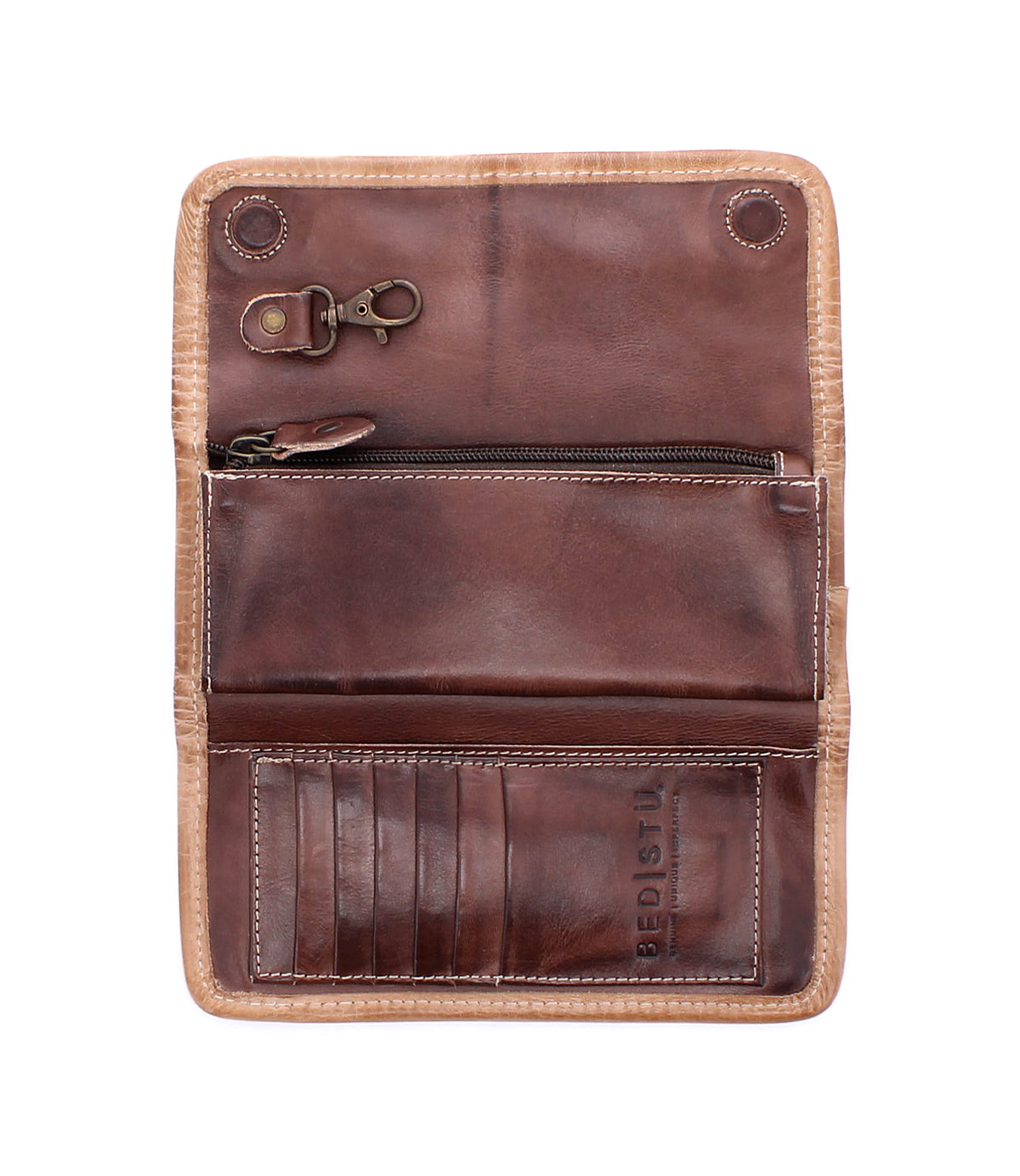 Bed Stu Canton open brown leather wallet with multiple card slots, a zipper pocket, key clip, and embossed branding—a versatile 2-in-1 wallet shown against a white background.