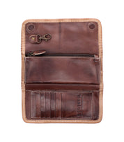Bed Stu Canton open brown leather wallet with multiple card slots, a zipper pocket, key clip, and embossed branding—a versatile 2-in-1 wallet shown against a white background.