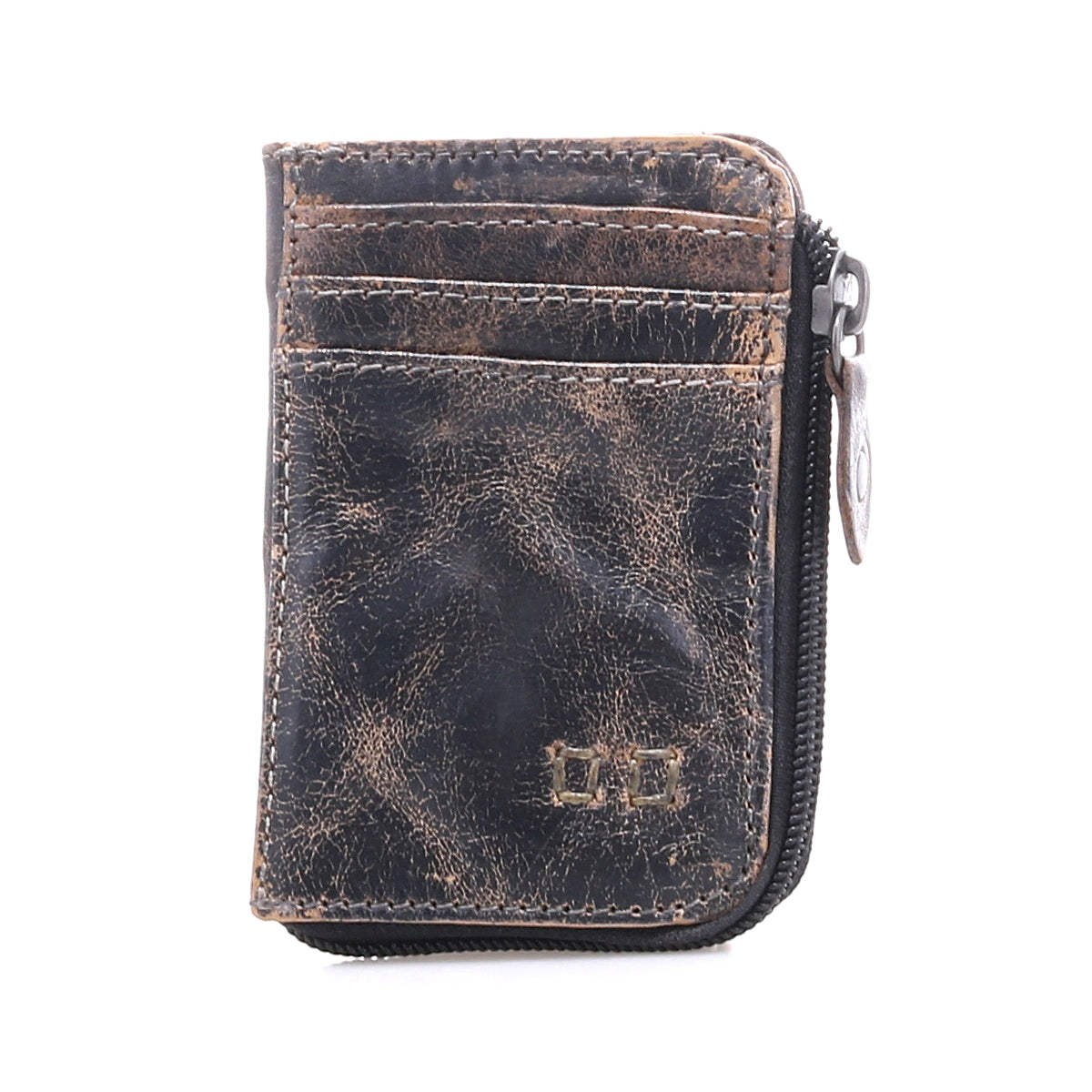 The Carrie by Bed Stu is a compact leather wallet in worn brown, featuring visible creases, a right zip compartment, and multiple front card slots.