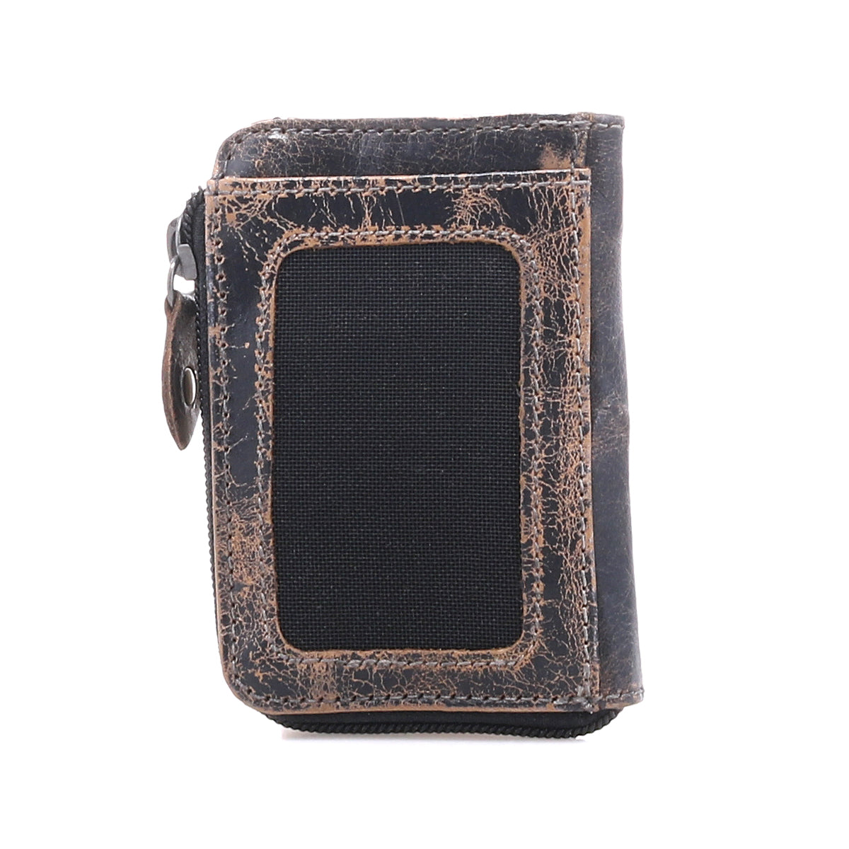 The Bed Stu Carrie is a brown compact leather wallet with a zipper and a black fabric front panel, featuring convenient card slots. It’s shown against a white background.