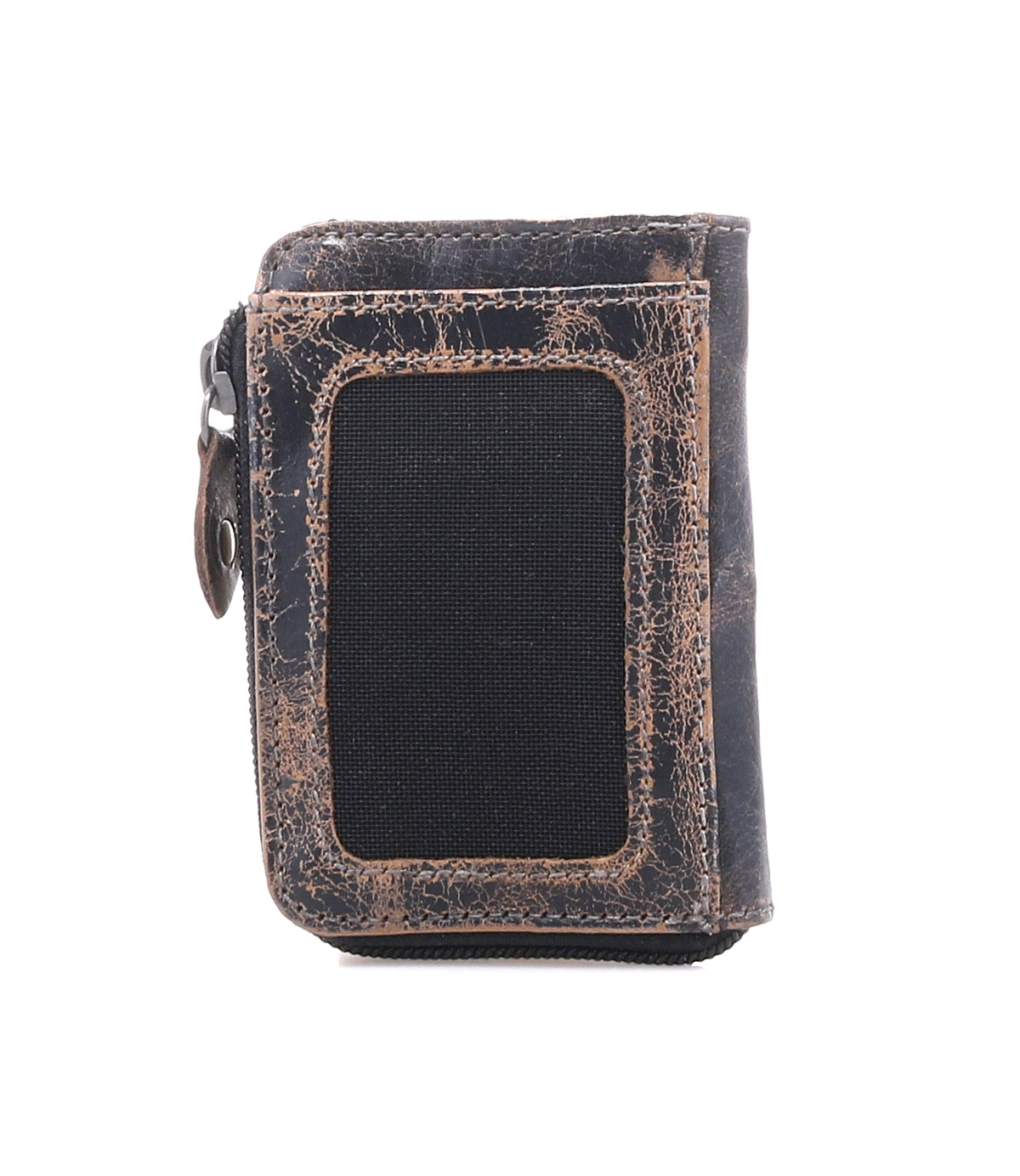 The Bed Stu Carrie is a brown compact leather wallet with a zipper and a black fabric front panel, featuring convenient card slots. It’s shown against a white background.