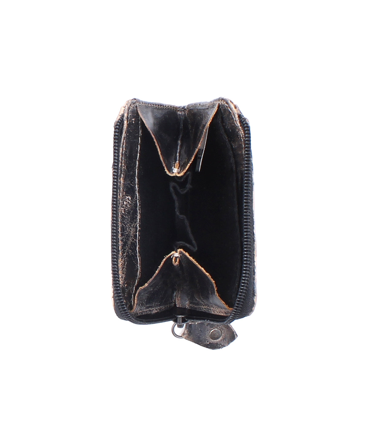 A worn, empty Bed Stu Carrie compact leather wallet with an open zip compartment, photographed against a white background.