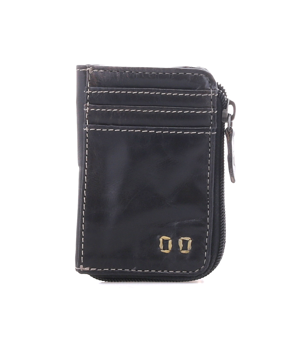 The Carrie wallet by Bed|Stü is a small, black compact leather accessory featuring white stitching, gold metal accents, three easy-access card slots, and a zippered side compartment, shown against a white background.