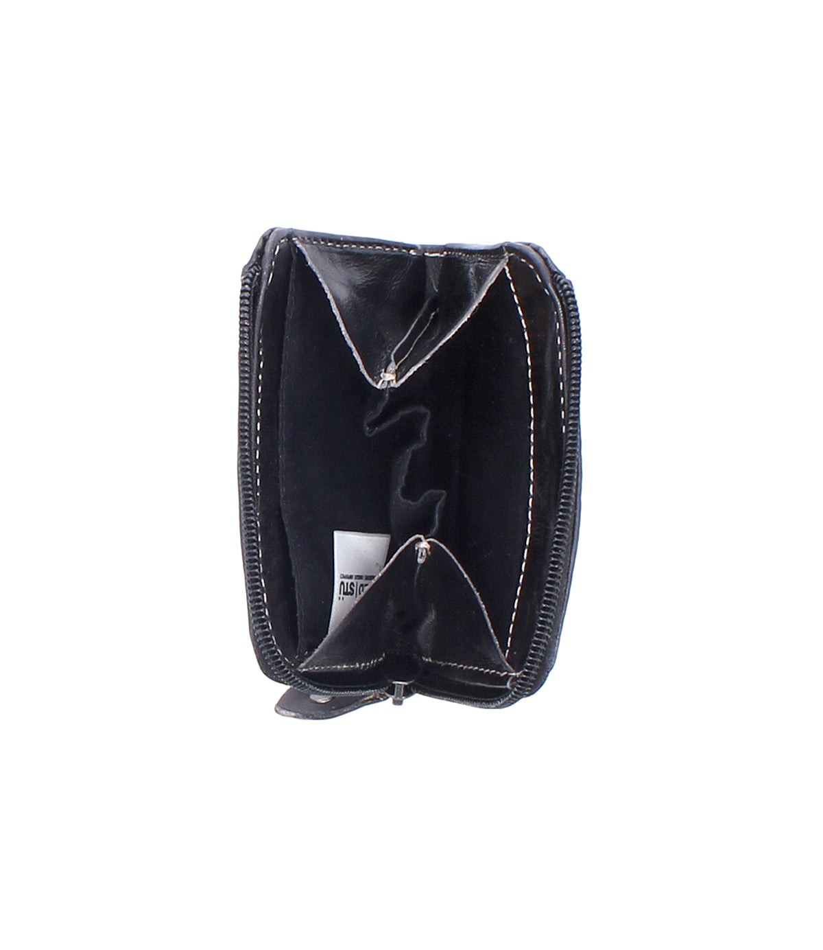 The Bed|Stü Carrie black zippered slim wallet is open to display two empty compartments with easy-access card slots, visible stitching, and a small white tag inside.