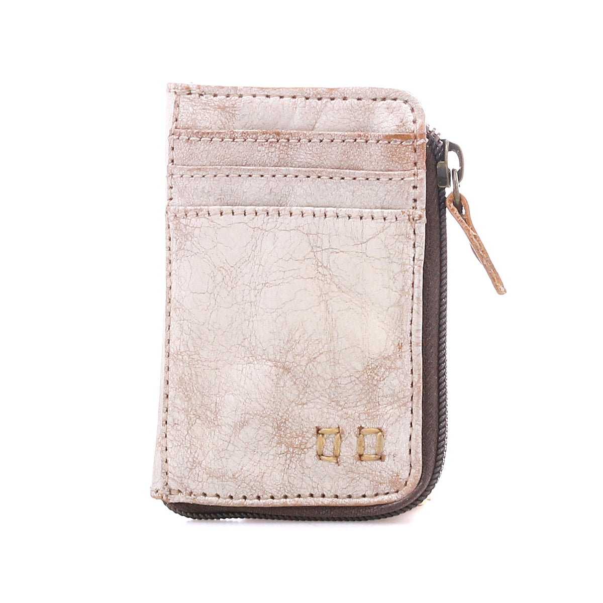 Introducing Carrie by Bed|Stü, a compact leather wallet in light beige featuring visible stitching, two easy-access card slots, a metal zipper on the right side, and two small square gold accents on the lower front.