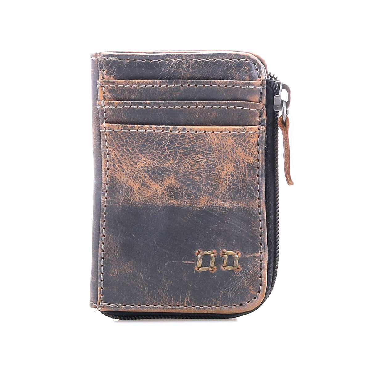 The Bed Stu Carrie is a brown compact leather wallet with visible scuffs, two small metal squares on the front, and a convenient zip compartment on the right side.