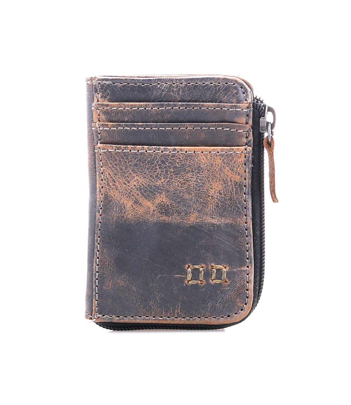 The Bed Stu Carrie is a brown compact leather wallet with visible scuffs, two small metal squares on the front, and a convenient zip compartment on the right side.
