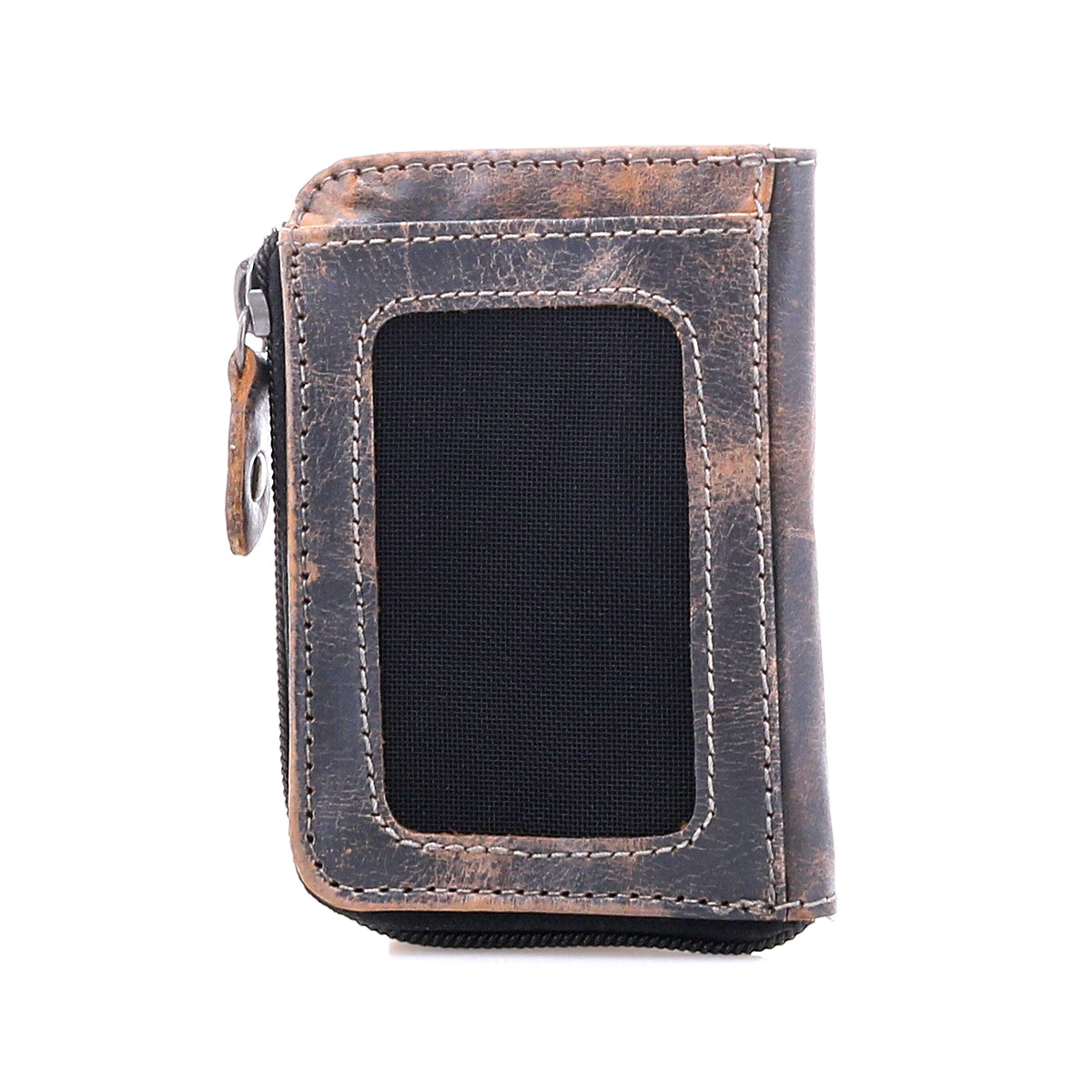The Bed Stu Carrie is a compact leather wallet in brown and black with a zipper closure, multiple card slots, and a front transparent ID window, shown on a white background.