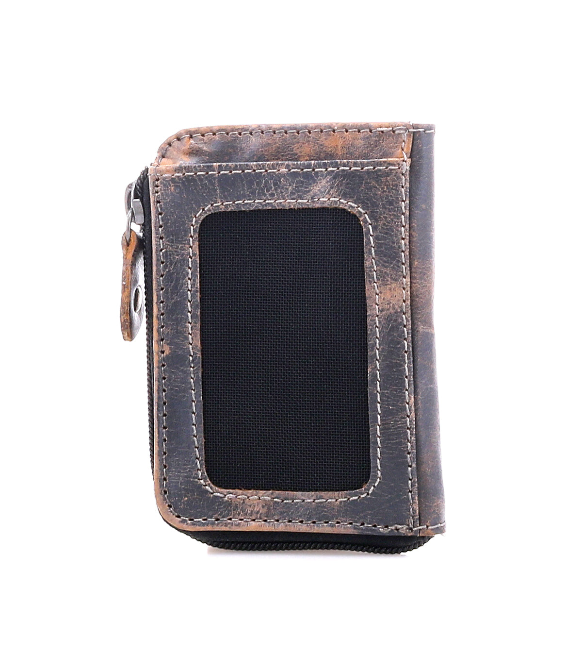 The Bed Stu Carrie is a compact leather wallet in brown and black with a zipper closure, multiple card slots, and a front transparent ID window, shown on a white background.
