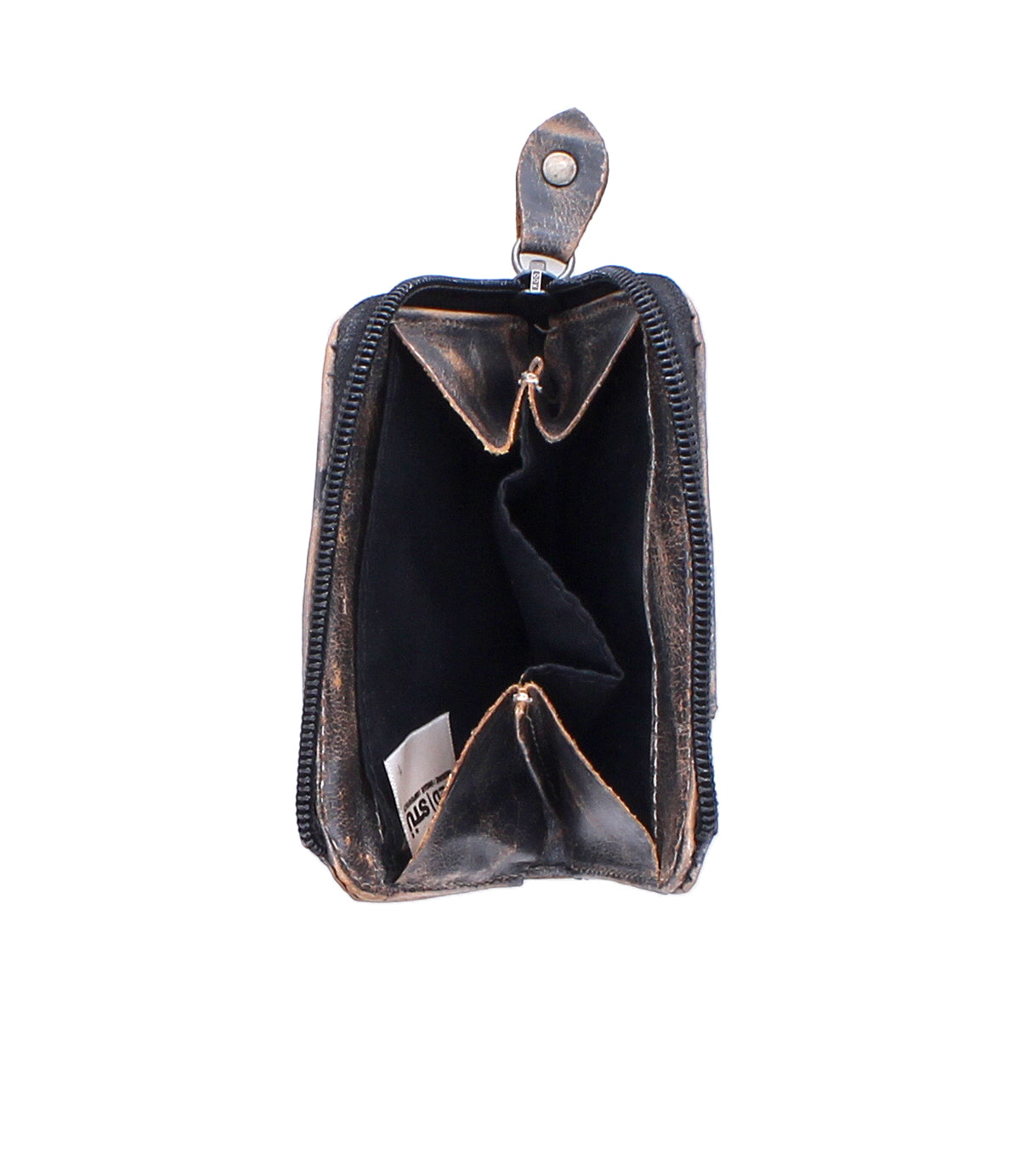 The Bed Stu Carrie is a small, empty compact leather wallet with a zipper open, featuring two compartments, an inner tag, and convenient card slots for easy organization.