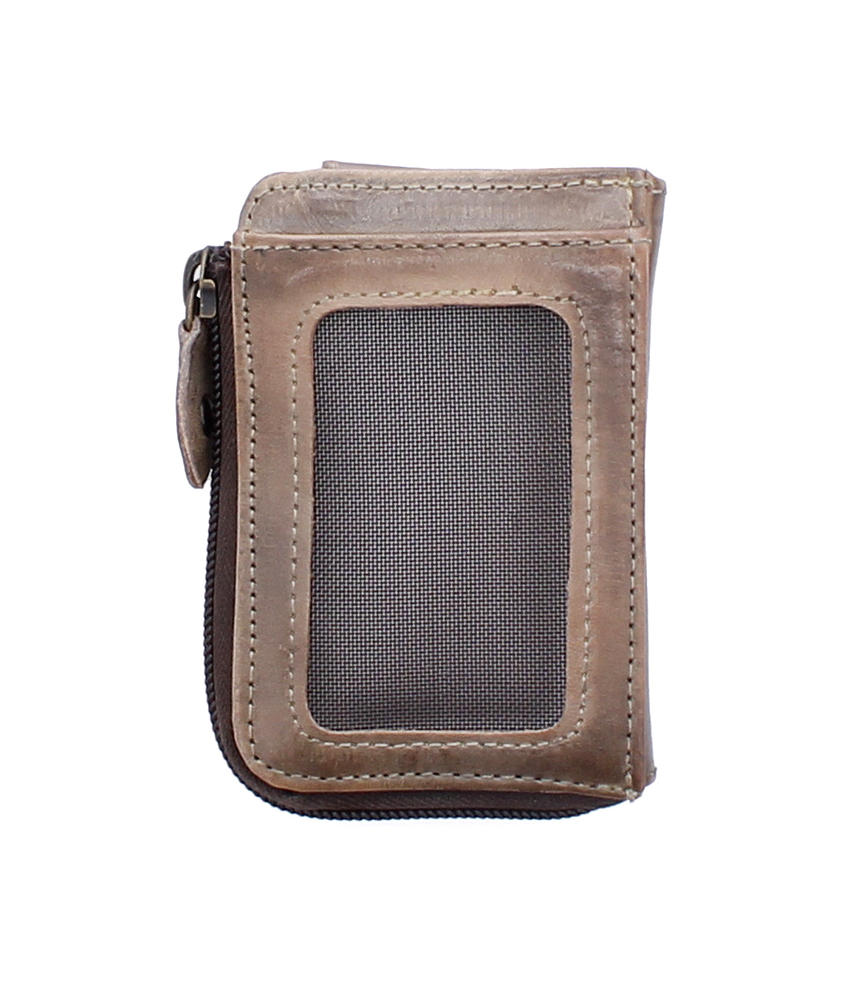 The Bed|Stü Carrie is a compact leather wallet featuring a mesh ID window on one side, easy-access card slots, and a zipper along one edge, shown against a white background.