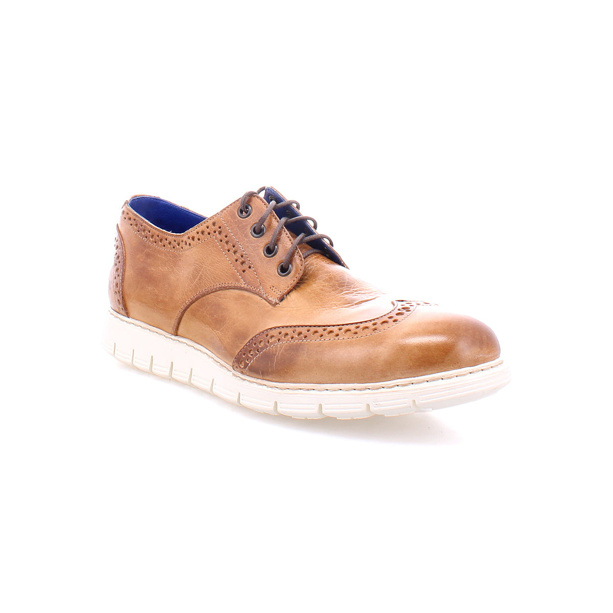 The Bed Stu Cayuga II is a contemporary casual male shoe with a brown lightweight leather upper and a white sole.