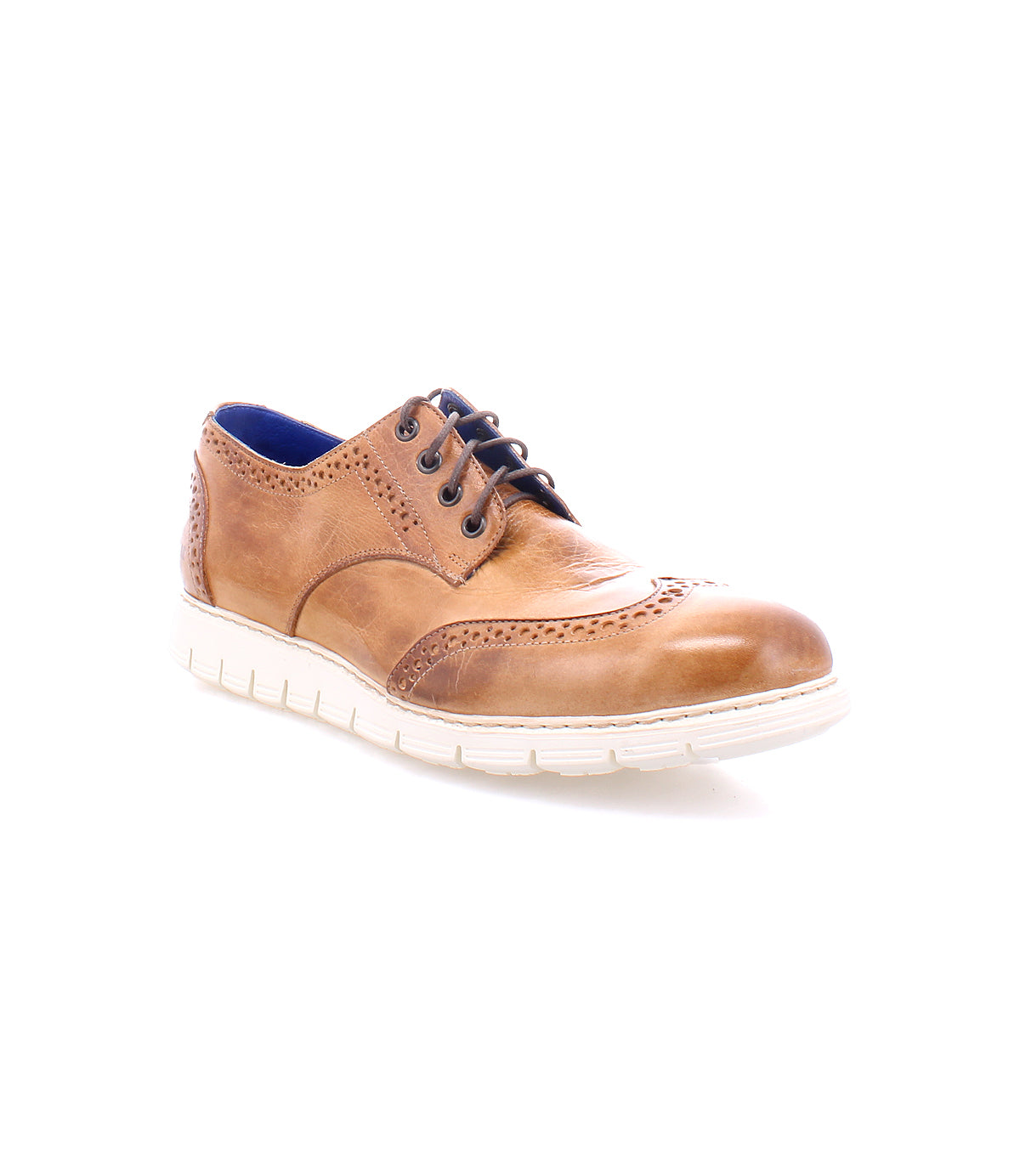 The Bed Stu Cayuga II is a contemporary casual male shoe with a brown lightweight leather upper and a white sole.