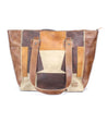 A brown and tan leather Celindra LTC II tote bag with vibrant multi-colored patches by Bed Stu.