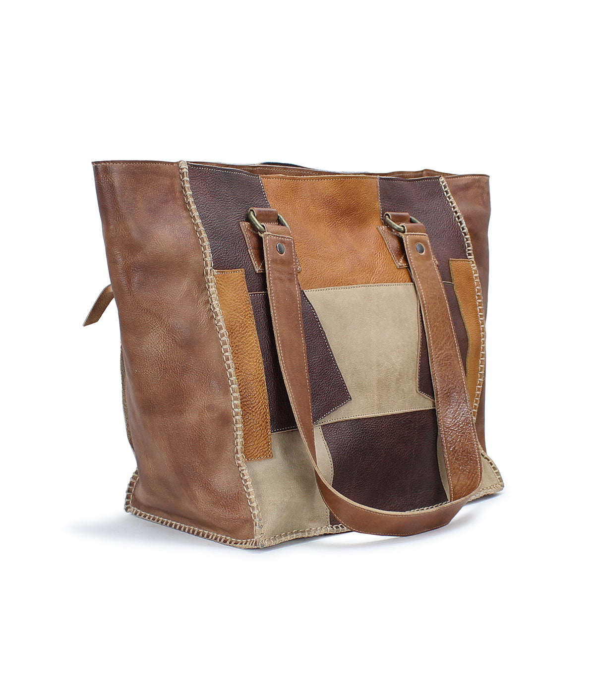 A brown and tan Celindra LTC II leather tote bag with vibrant multi-colored patches, by Bed Stu.