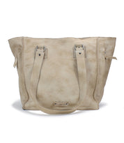 A Celindra LTC II beige leather tote bag with a zip-top closure on a white background, by Bed Stu.