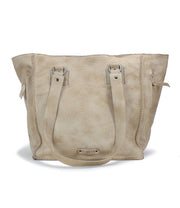 A Celindra LTC II beige leather tote bag with a zip-top closure on a white background, by Bed Stu.