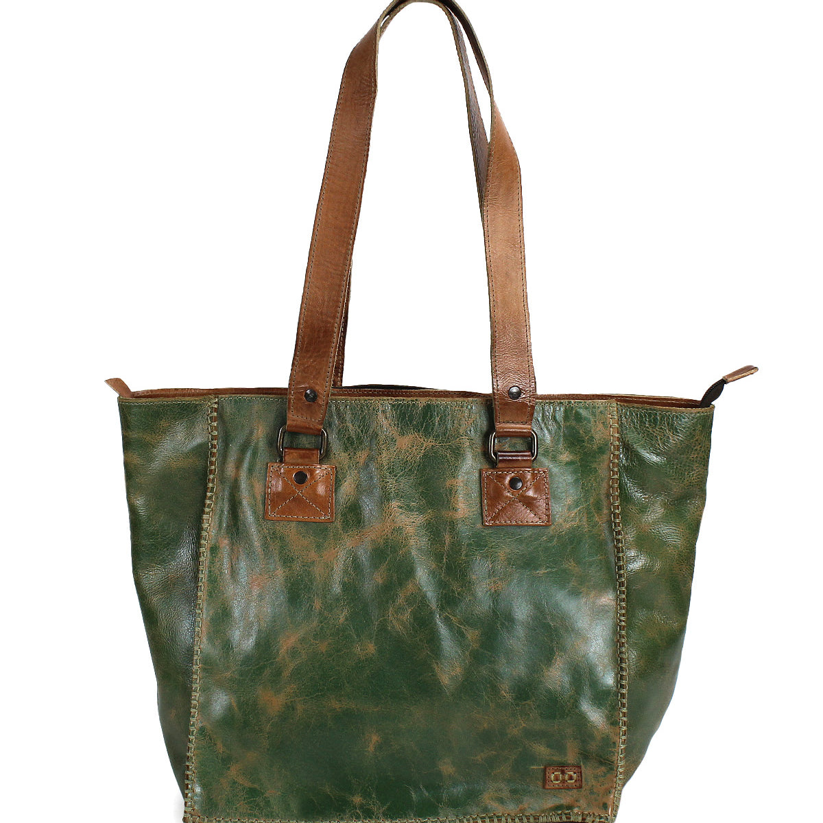 The Celindra LTC by Bed Stu is a green and brown leather zip-top tote, featuring two brown shoulder straps, visible stitching, and whipstitch detailing for a spacious and stylish finish.