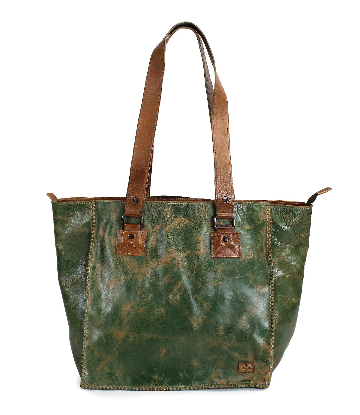 The Celindra LTC by Bed Stu is a green and brown leather zip-top tote, featuring two brown shoulder straps, visible stitching, and whipstitch detailing for a spacious and stylish finish.