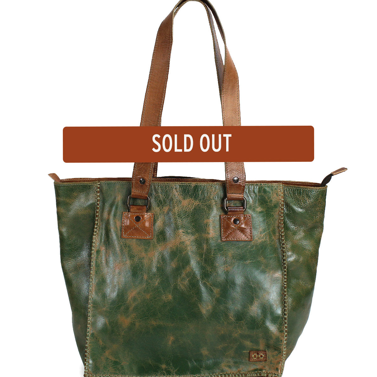 The Bed Stu Celindra LTC, a spacious green and brown leather zip-top tote with two brown handles, is shown with a "SOLD OUT" banner across the top.