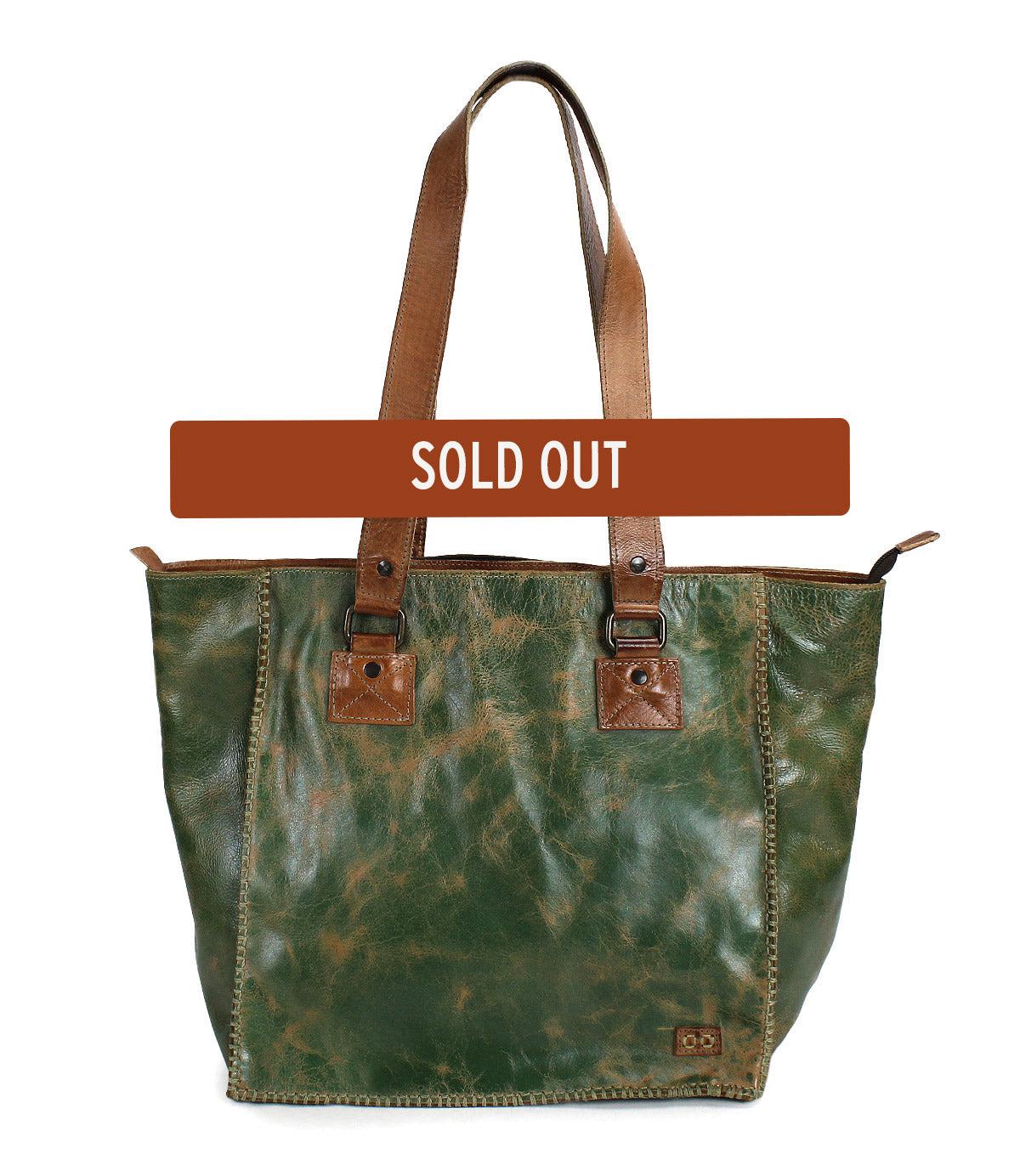 The Bed Stu Celindra LTC, a spacious green and brown leather zip-top tote with two brown handles, is shown with a "SOLD OUT" banner across the top.