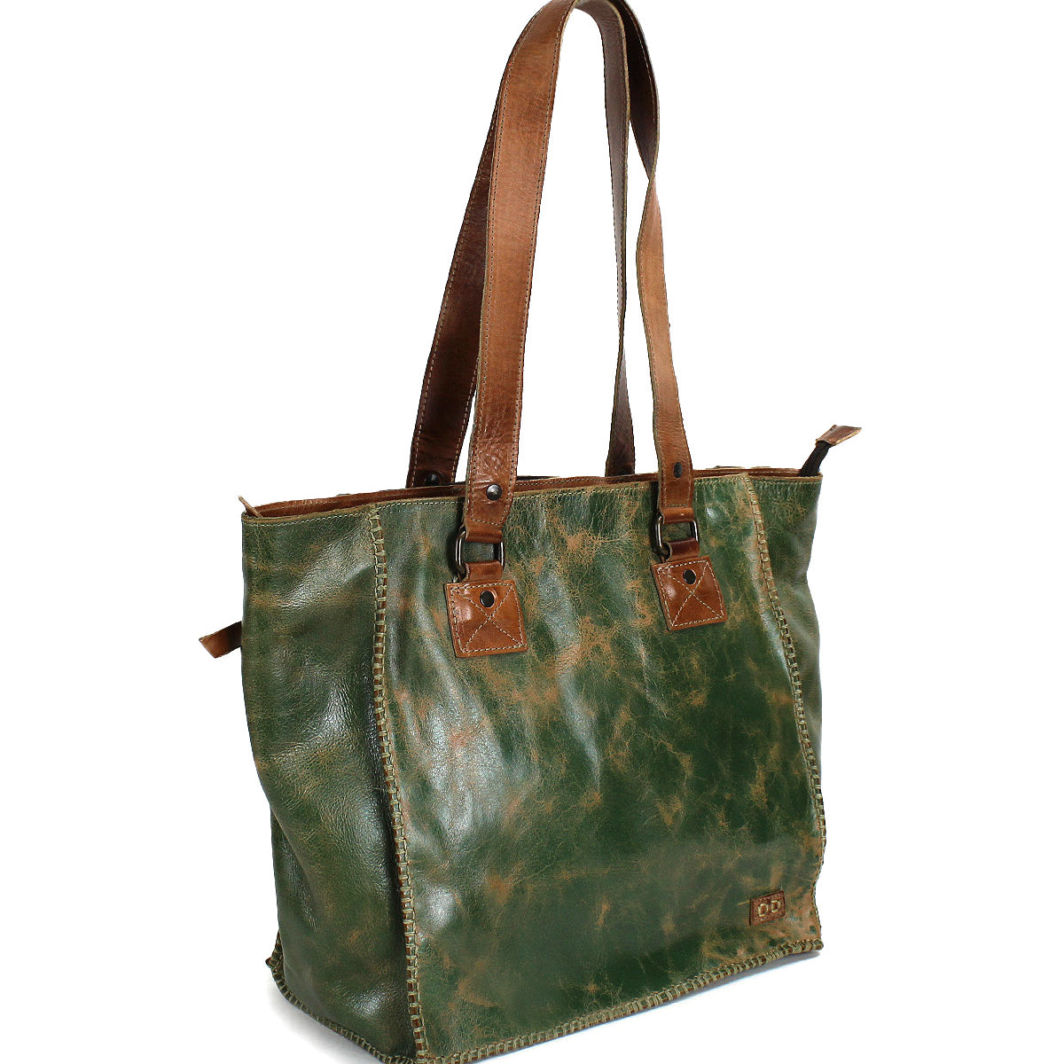 The Bed Stu Celindra LTC is a green distressed leather zip-top tote with brown handles, visible stitching, and whipstitch detailing, shown standing upright on a white background.