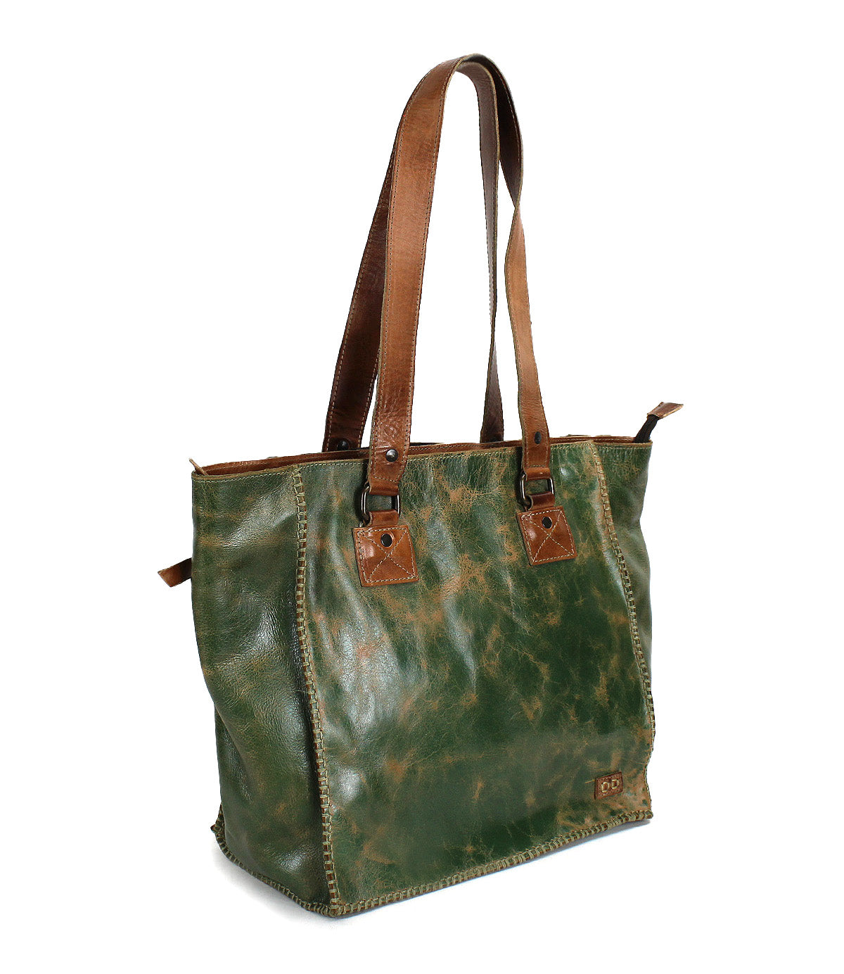 The Bed Stu Celindra LTC is a green distressed leather zip-top tote with brown handles, visible stitching, and whipstitch detailing, shown standing upright on a white background.