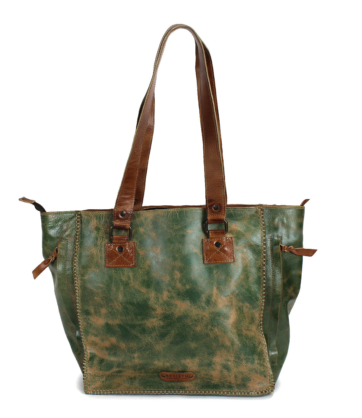 The Bed Stu Celindra LTC is a green leather shopping bag with brown handles and trim, visible stitching, a weathered finish, and spacious interior—durable enough for all your essentials.