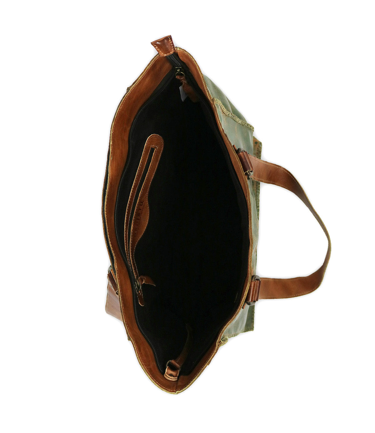 A top-down view of the Bed Stu Celindra LTC, a spacious zip-top tote with brown leather handles and trim, featuring a roomy black interior and an inner zip pocket.
