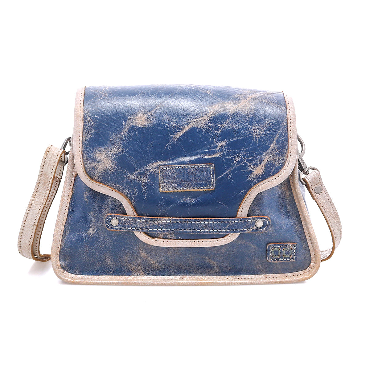 The Bed Stu Ceremonious is a blue distressed leather preppy bag with light tan trim, flap-top design, magnetic closure, and an adjustable strap.