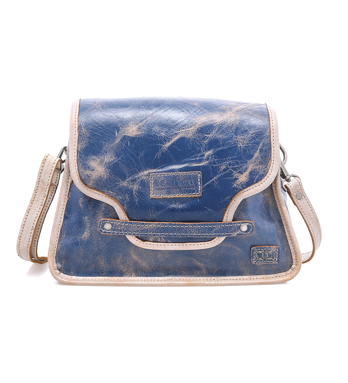 The Bed Stu Ceremonious is a blue distressed leather preppy bag with light tan trim, flap-top design, magnetic closure, and an adjustable strap.