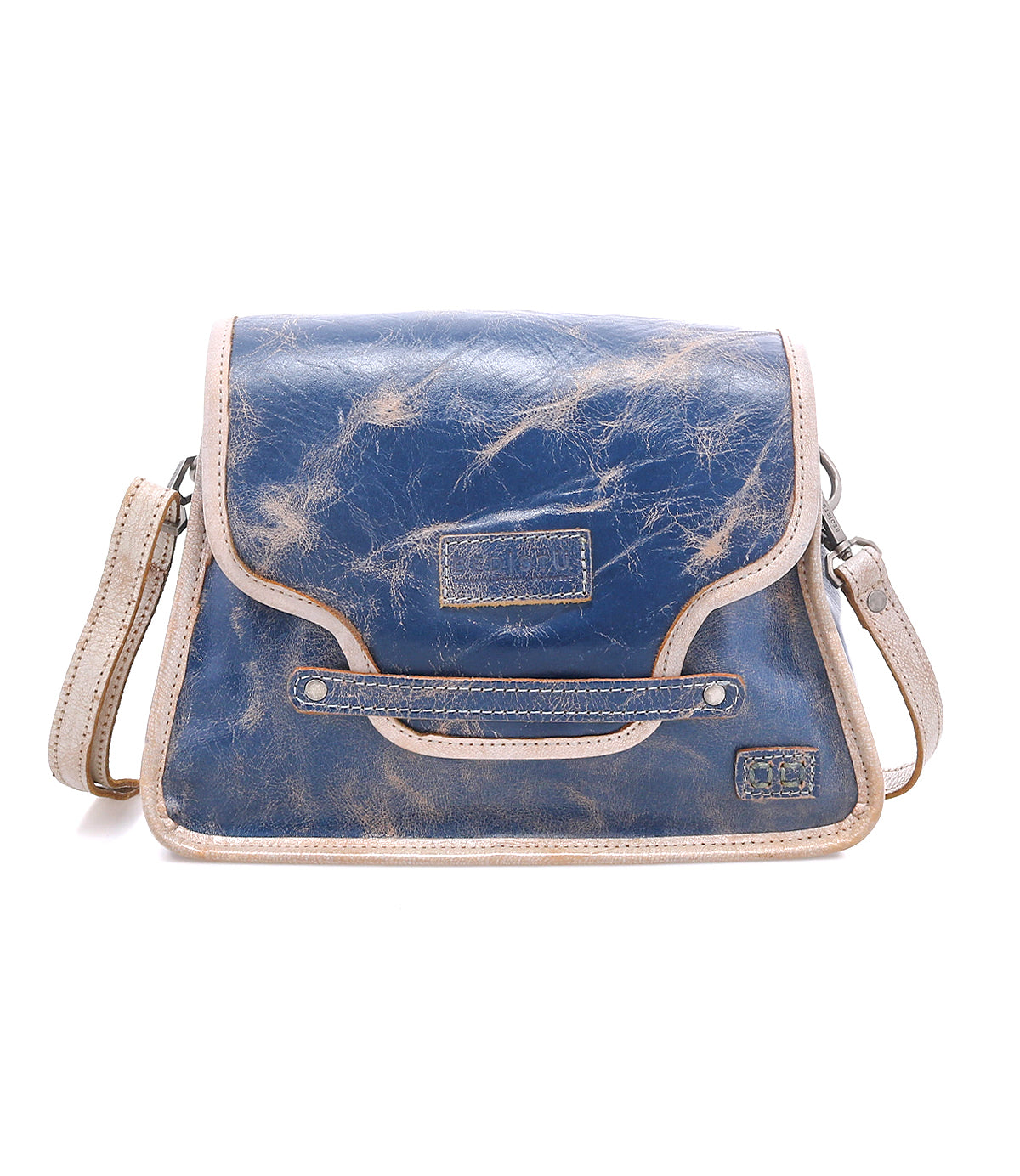 The Bed Stu Ceremonious is a blue distressed leather preppy bag with light tan trim, flap-top design, magnetic closure, and an adjustable strap.