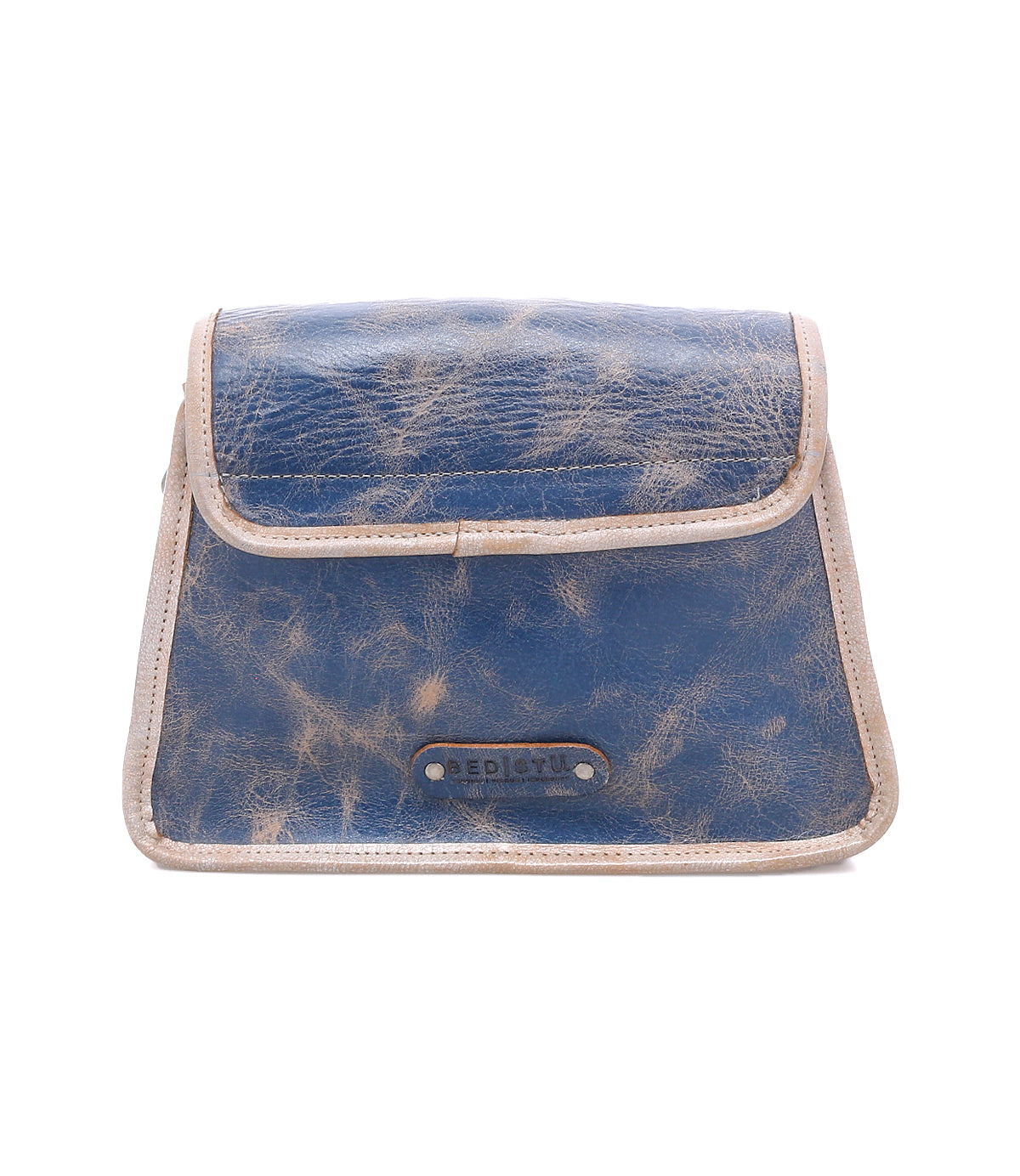 The Ceremonious by Bed Stu is a small, rectangular preppy bag in blue leather with a distressed finish, beige trim, flap closure, and a front label reading "REDICTU.