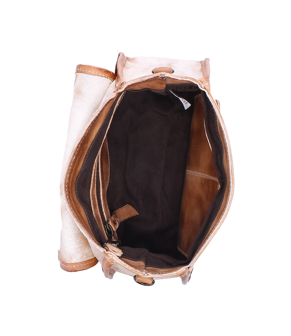 Top view of Bed Stu's Ceremonious handbag in tan leather, showcasing an organized design with a spacious dark interior and visible pocket lining.