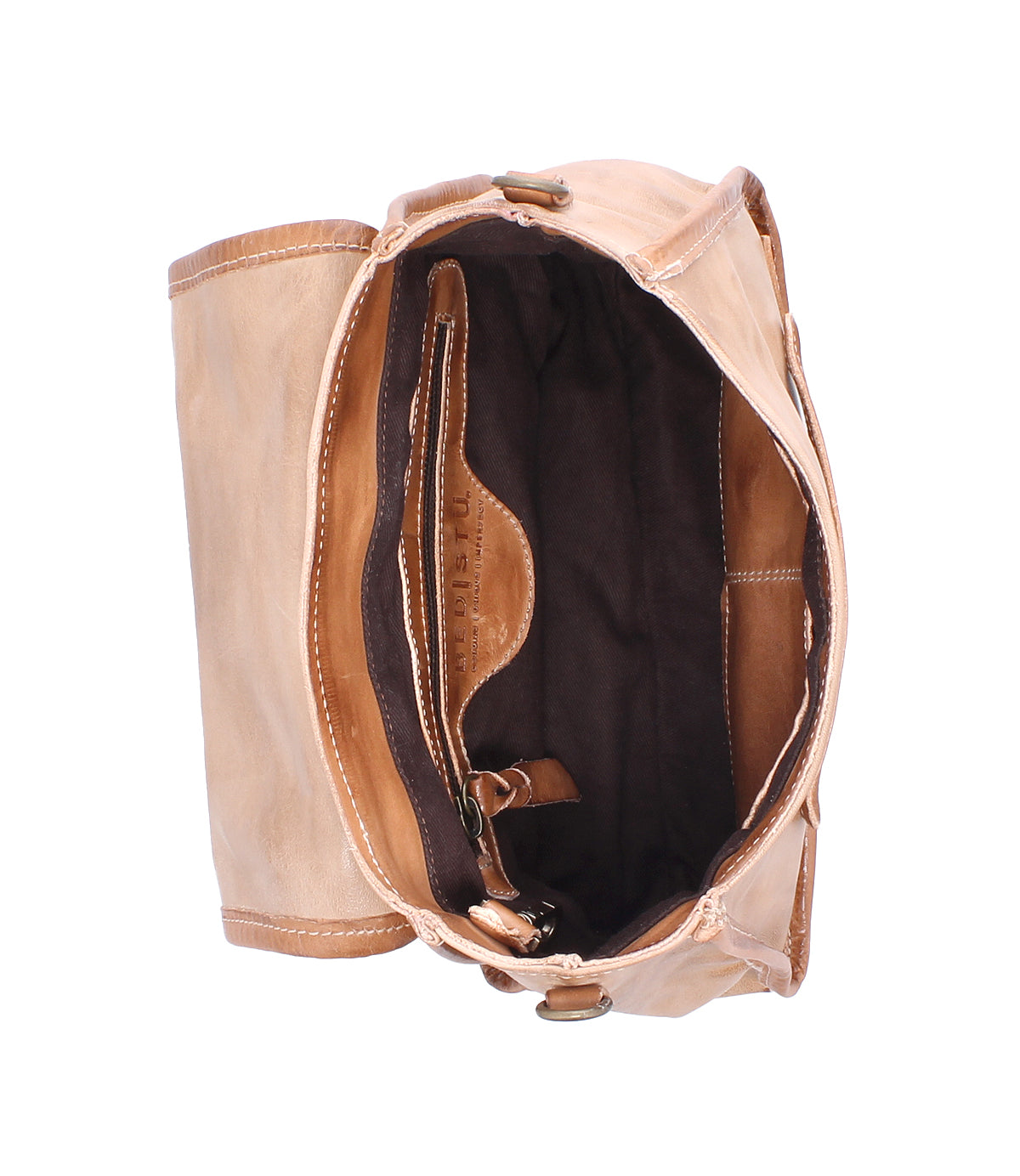 Top view of the Bed Stu Ceremonious: an open tan leather flap-top bag with dark lining, organized interior featuring multiple compartments, a zipper pocket, and magnetic closure.