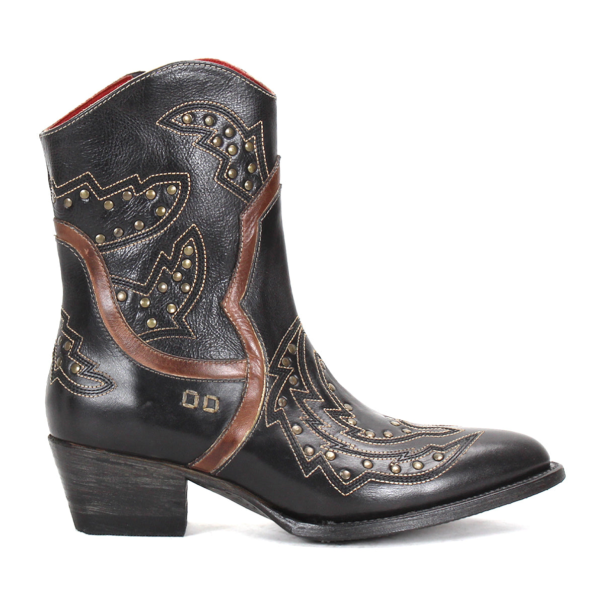 The Bed Stu Chamise is a black leather western boot with brown accents, decorative stitching, gold studs, striking leather inlays, a snip toe, and an angled heel—shown here in side profile.