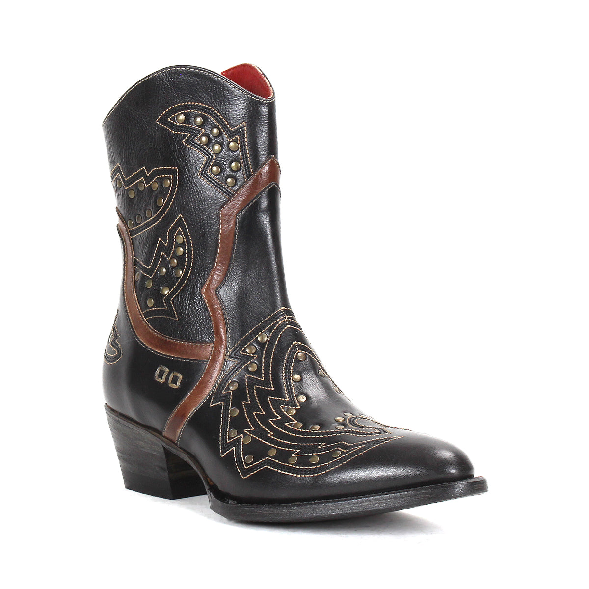 The Bed Stu Chamise is a black western boot featuring brown leather inlays, decorative stitching, a low heel, and a snip toe, displayed on a white background.