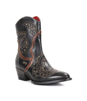 The Bed Stu Chamise is a black western boot featuring brown leather inlays, decorative stitching, a low heel, and a snip toe, displayed on a white background.