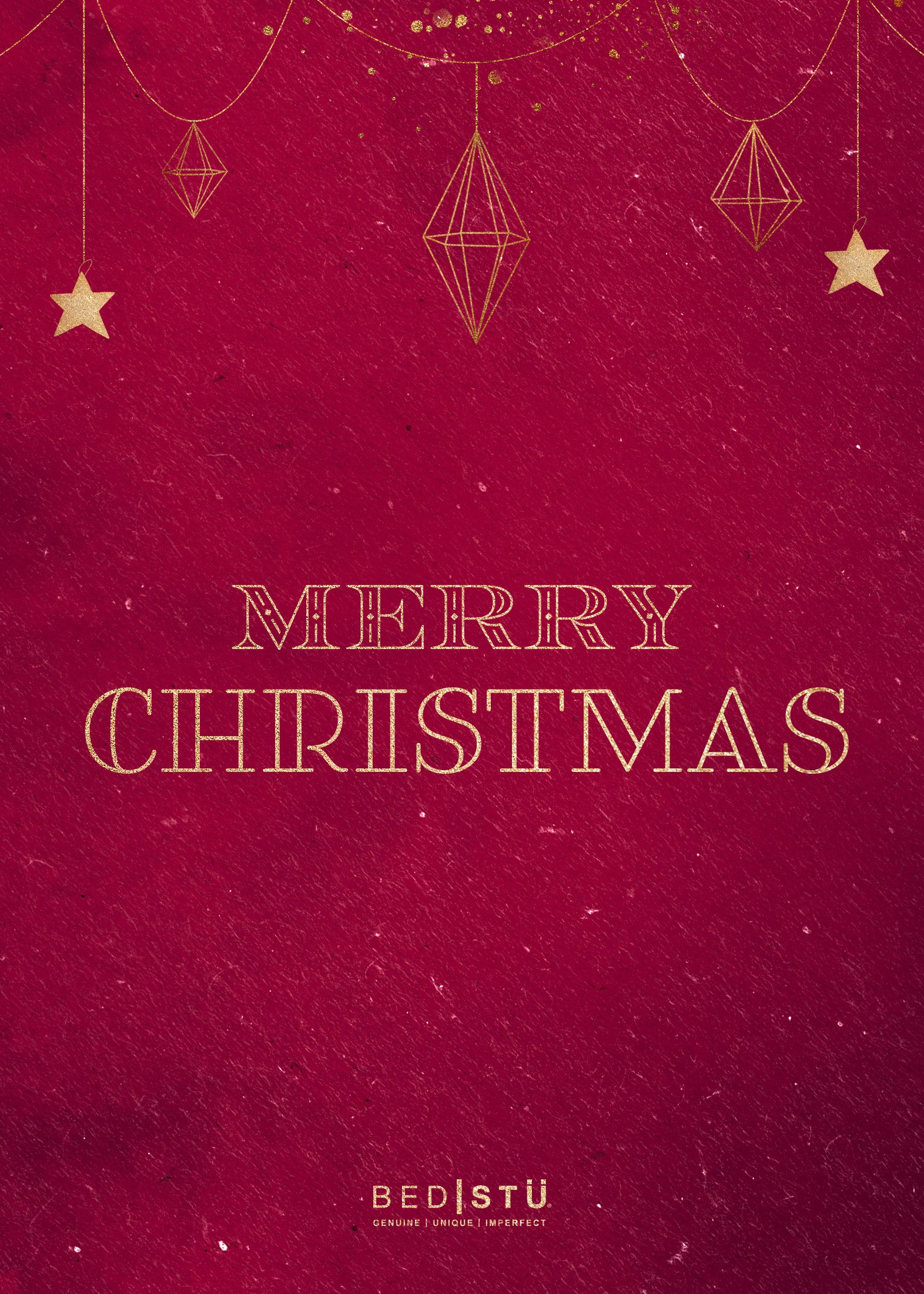 A red background with gold stars and the words Bed|Stü Merry Christmas.