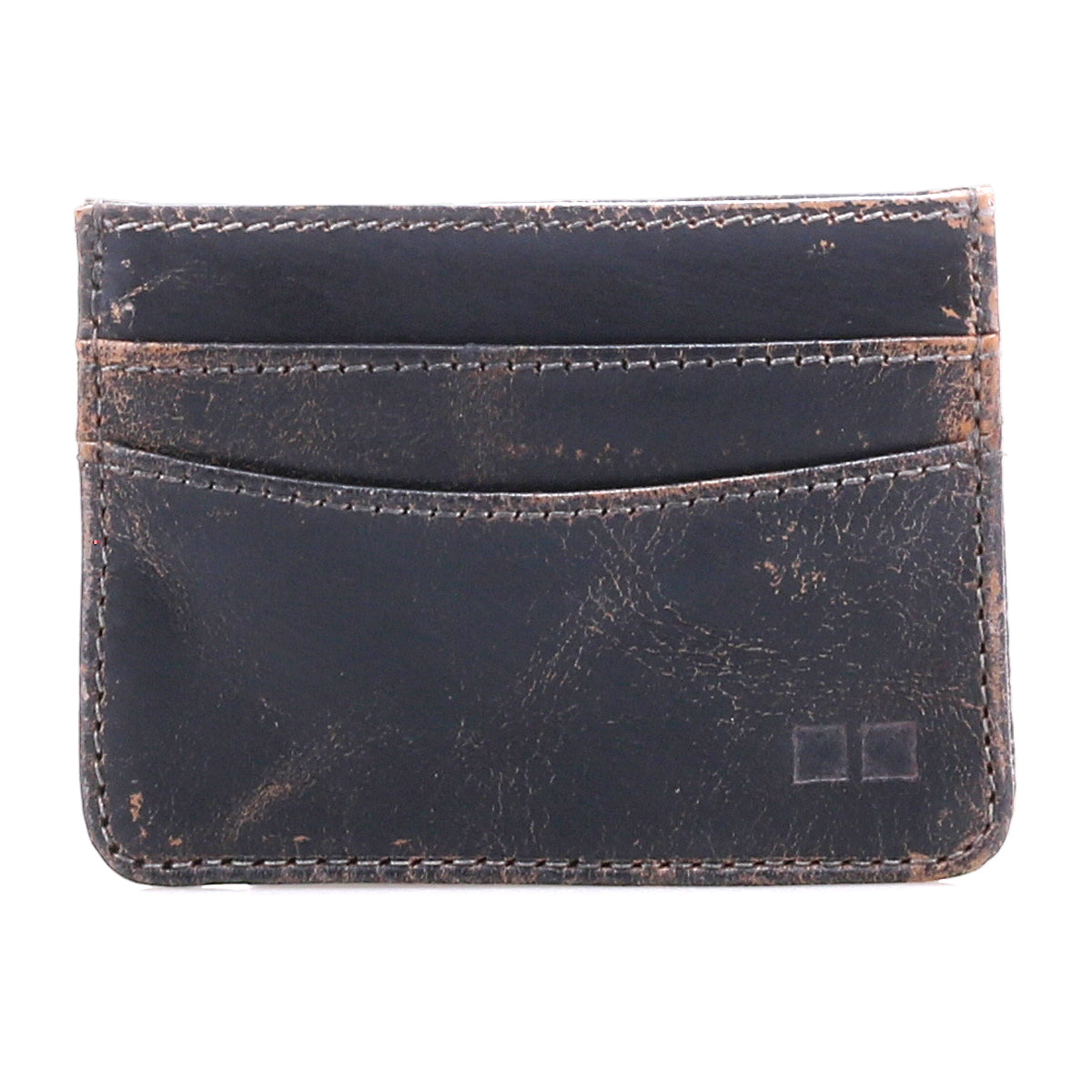 A pre-owned Bed Stu Chuck compact card wallet in black leather, featuring multiple slots and visible wear—ideal for everyday use.