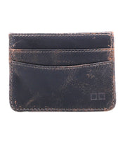 A pre-owned Bed Stu Chuck compact card wallet in black leather, featuring multiple slots and visible wear—ideal for everyday use.