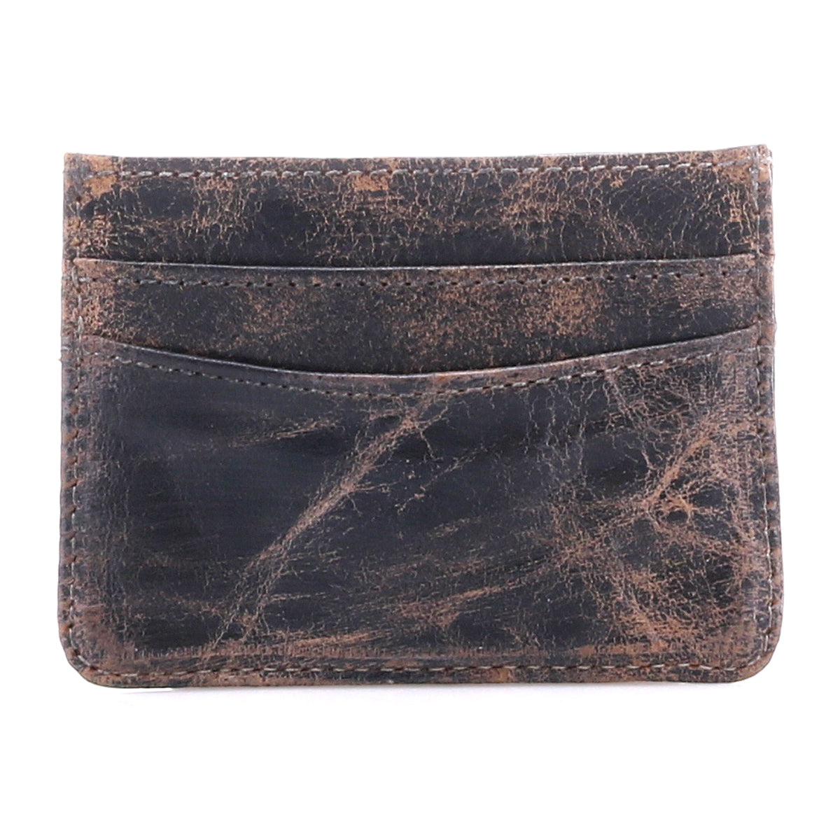 The Chuck by Bed Stu is a brown distressed leather compact card wallet featuring two card slots, visible wear, and edge stitching—ideal for everyday carry.