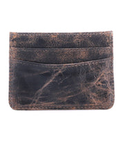 The Chuck by Bed Stu is a brown distressed leather compact card wallet featuring two card slots, visible wear, and edge stitching—ideal for everyday carry.