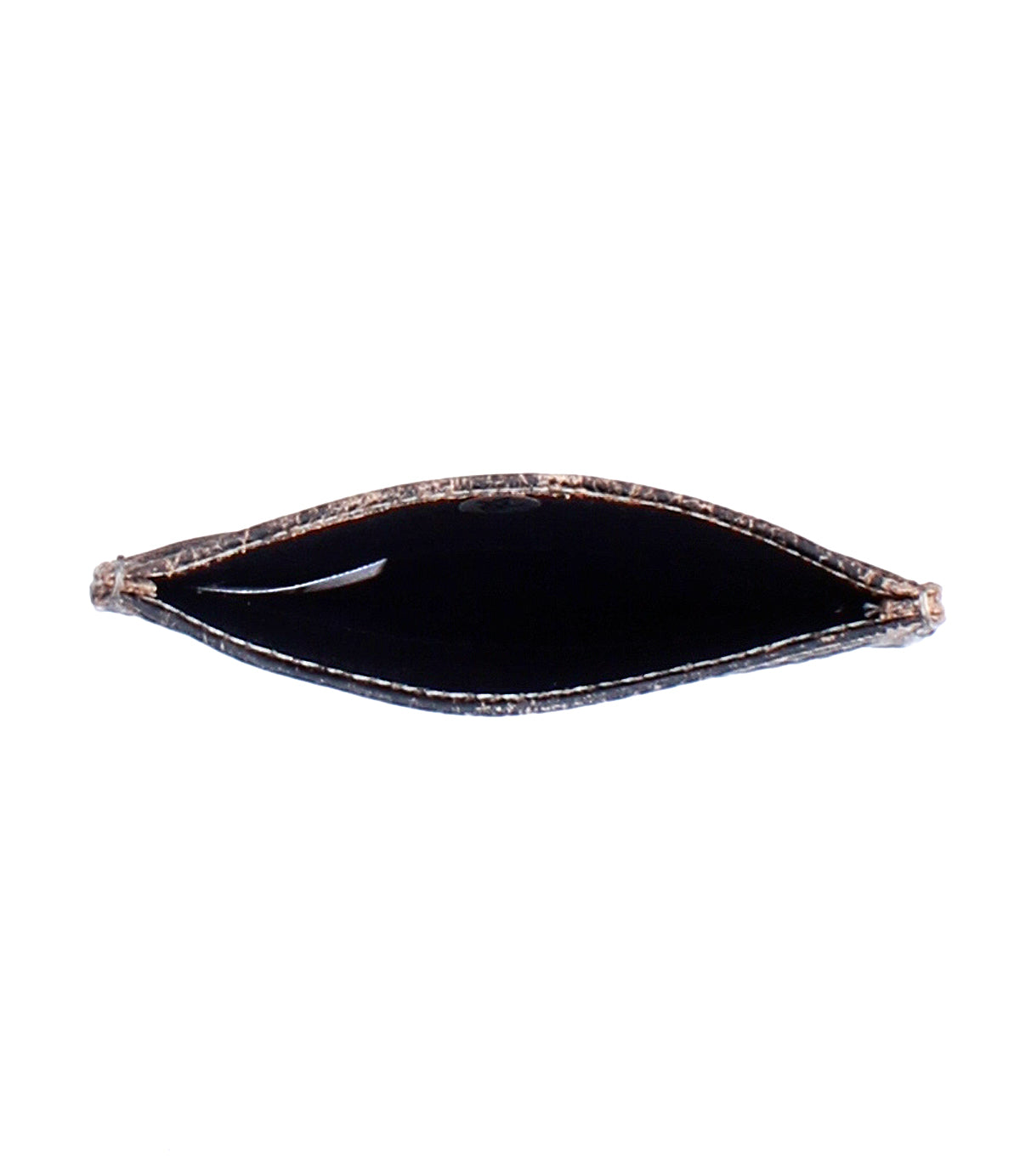The Bed Stu Chuck is a slim, empty brown leather wallet photographed from above, displaying its open interior with no contents visible.