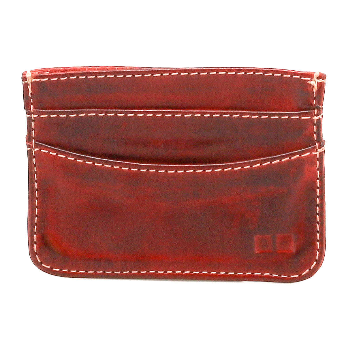 The Chuck by Bed Stu is a brown leather card wallet with white stitching, featuring two card slots and a front pocket for organized storage.