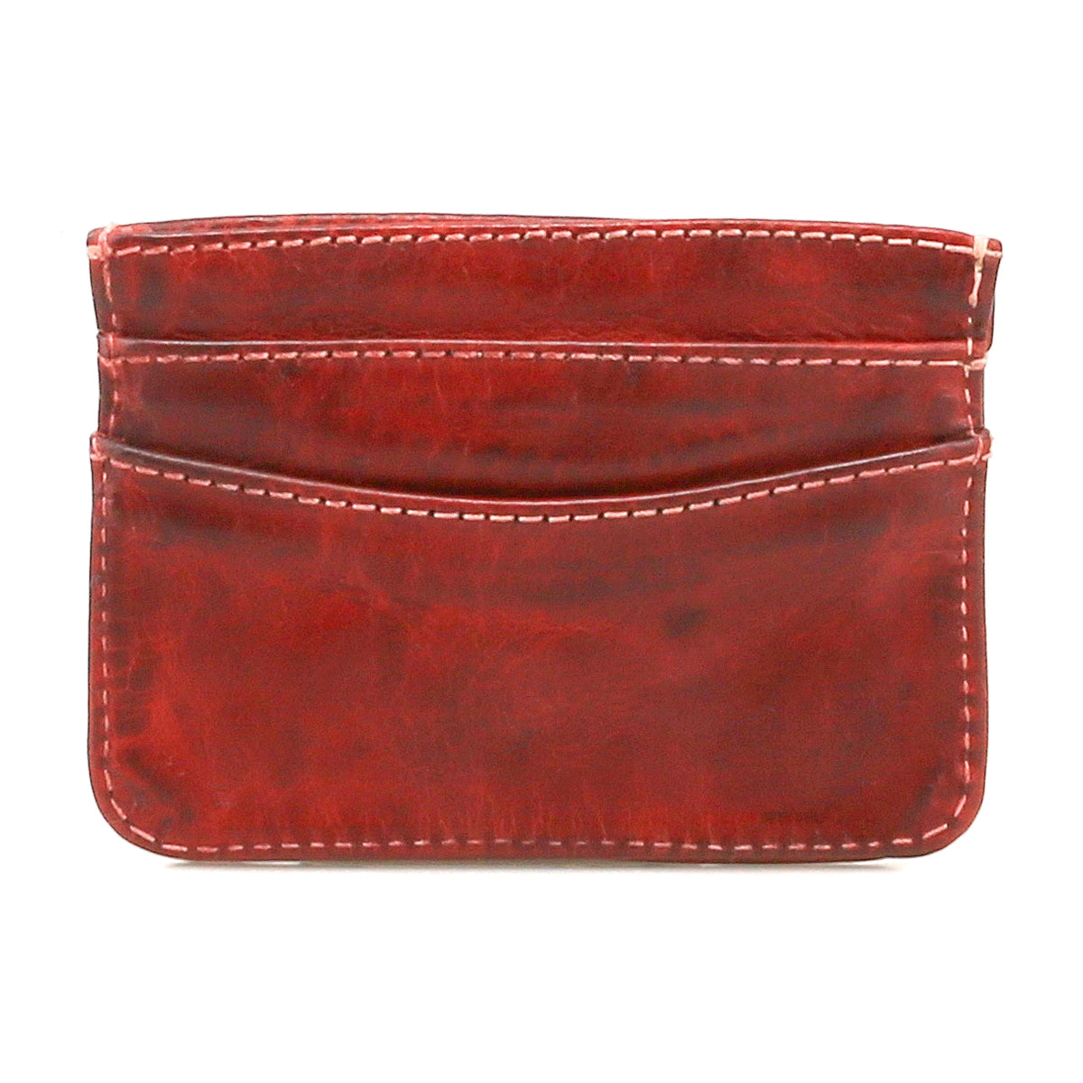The Bed Stu Chuck is a red leather credit card holder with white stitching and three visible card slots.