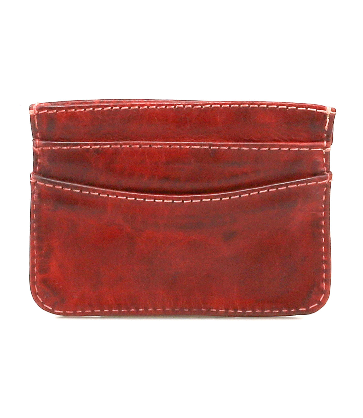The Bed Stu Chuck is a red leather credit card holder with white stitching and three visible card slots.