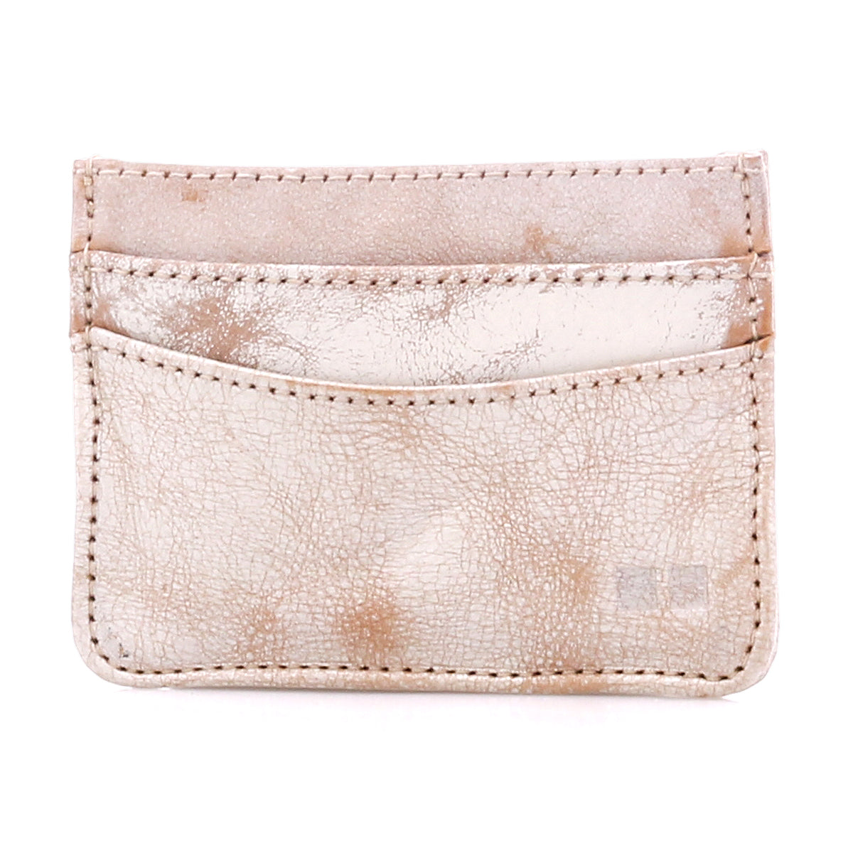 The Bed Stu Chuck is a beige, textured leather compact card wallet featuring two card slots and visible stitching, shown against a white background.