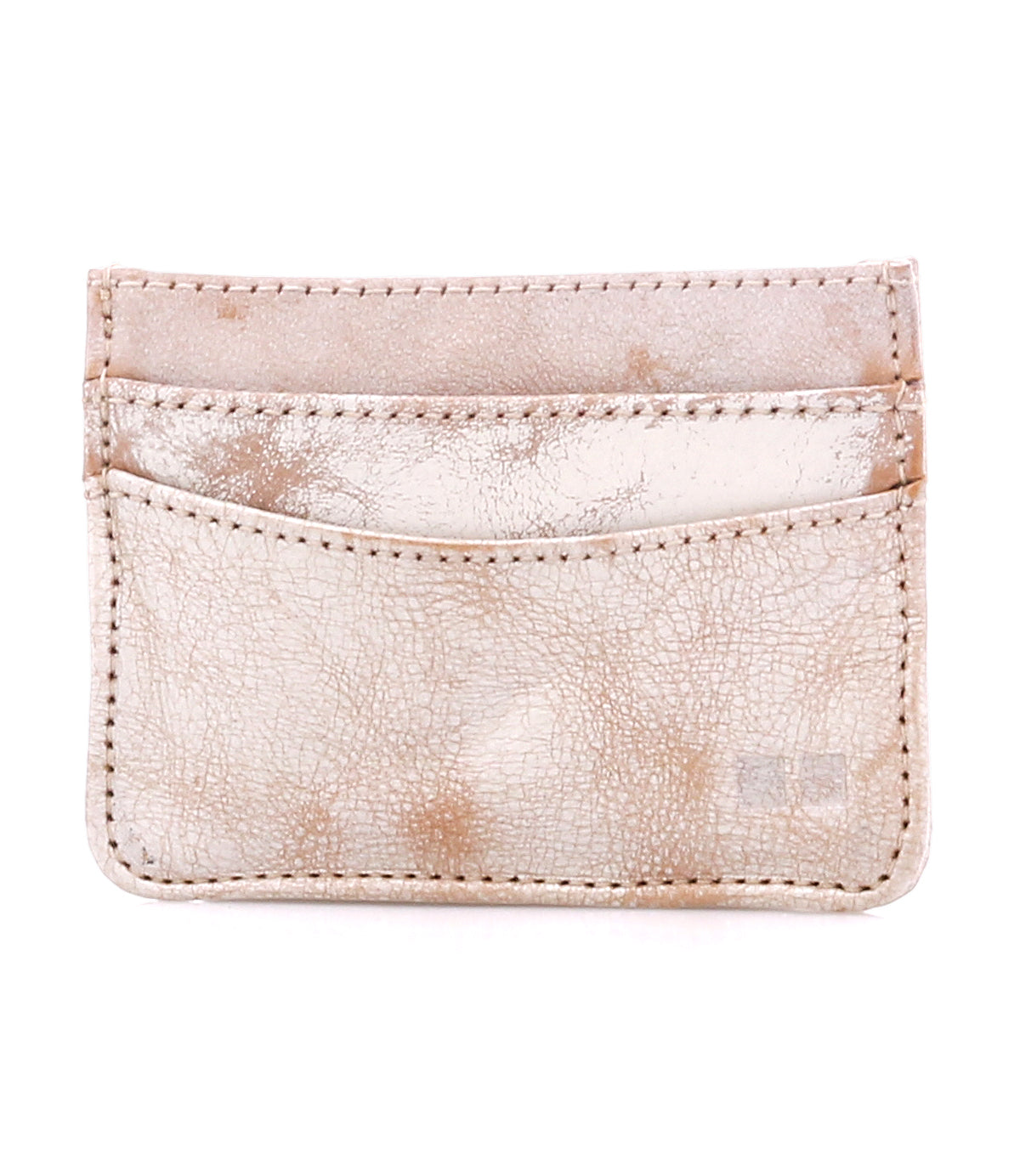 The Bed Stu Chuck is a beige, textured leather compact card wallet featuring two card slots and visible stitching, shown against a white background.